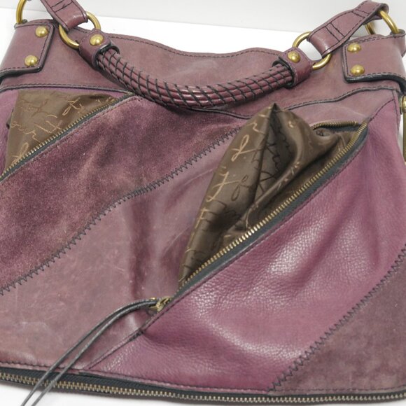 Leather Suede Fossil Fifty Four Shoulder Bag Patchwork Purse Side Zipper Plum - Picture 10 of 12